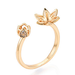 Настоящее золото 18K Цветок лотоса латунный микропаве прозрачный кубический цирконий чашка колец оправа, настройки манжетного кольца для полусверленных бусин, без кадмия, без никеля и без свинца, реальный 18 k позолоченный, 9 мм, внутренний диаметр: 17~17.5 мм