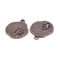 Red Copper Tibetan Style Alloy Pendants, Cadmium Free & Nickel Free & Lead Free, Flat Round with Leaf, Red Copper, 22x18x1mm, Hole: 1mm