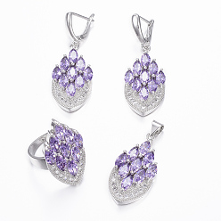Blue Violet Brass Micro Pave Cubic Zirconia Jewelry Sets, Pendants & Hoop Earrings & Finger Rings, Marquise/Horse Eye, Platinum, Blue Violet, Size 9(19mm), 38.5x17x5.5mm, Hole: 5.5x4mm, 49x17x5.5mm, Pin: 1mm