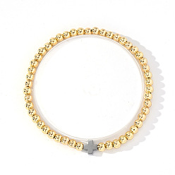 Золотой Латунные круглые бусины эластичные браслеты, синтетический немагнитный гематитовый крестик для мужчин и женщин, золотые, внутренний диаметр: 6-7/8 дюйм (17.5 см)