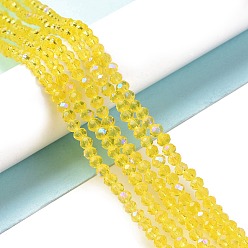 Champagne Yellow Electroplate Glass Beads Strands, Half Rainbow Plated, Faceted, Rondelle, Champagne Yellow, 4x3mm, Hole: 0.4mm, about 123~127pcs/strand, 16.5~16.9 inch(42~43cm)