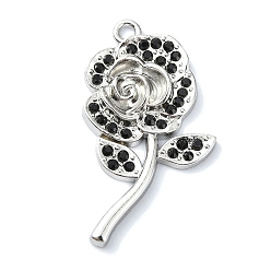 Platinum Rack Plating Alloy with Black Rhinestone Pendants, Rose, Platinum, 36x20x4mm, Hole: 2mm