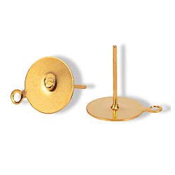 Настоящее золото 18K 304 Выводы серьги из нержавеющей стали шпилька, с петлей, плоско-круглые, реальный 18 k позолоченный, 12x10x0.4 мм, отверстие : 1.5 мм, штифты : 0.8 мм