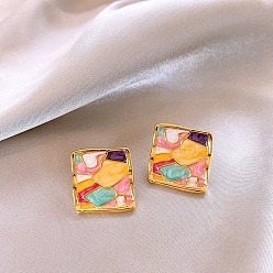 Квадрат Сплав эмаль серьги, золотые, квадратный, 20x20 мм