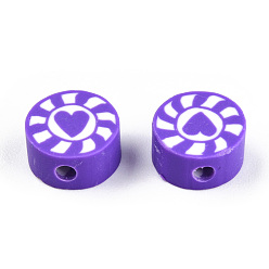 Сине-фиолетовый Бусины из полимерной глины , плоский круглый с сердцем и солнцем, синий фиолетовый, 9~10x5 мм, отверстие : 1.6 мм