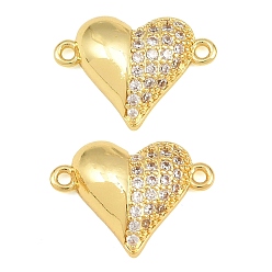Chapado en Oro Real 18K Dijes de latón con micro pavé de circonita cúbica transparente, enlaces corazón, sin plomo y cadmio, chapado en rack, larga duración plateado, real 18 k chapado en oro, 11.5x17.5x3.5 mm, agujero: 1.2 mm