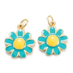Dark Turquoise Brass Enamel Pendants, Real 18K Gold Plated, Long-Lasting Plated, Flower, Dark Turquoise, 15x13x2mm, Hole: 3.4mm