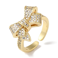 Настоящее золото 18K Открытые манжеты из латуни с бантом и микро-паве с прозрачным цирконием для женщин, реальный 18 k позолоченный, бант : 13x18.5 мм, регулируемый