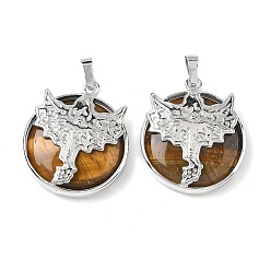 Тигровый глаз Плоские круглые подвески из натурального тигрового глаза, латунные драконьи драгоценные камни амулеты, платина, стойки покрытие, без кадмия и без свинца, 31.5x27x7.5~8.5 мм, отверстие : 8x5 мм