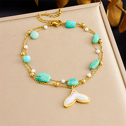 Амазонит 304 браслеты на ногу с подвеской в виде рыбьего хвоста из нержавеющей стали и пластика с жемчугом и самородками из натурального амазонита, золотые, 8-1/4 дюйм (210 мм)