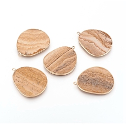 Пейзажный Джаспер Естественного изображения яшмы подвески, с латунной фурнитурой , золотые, 33.5~34x27x2 мм, отверстие : 1.5 мм