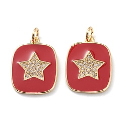 Golden Brass Micro Pave Clear Cubic Zirconia Pendants, with Red Enamel, Long-Lasting Plated, With Jump Rings, Rectangle with Star, Golden, 19x15x2mm, Hole: 3mm, Jump Ring: 5x1mm