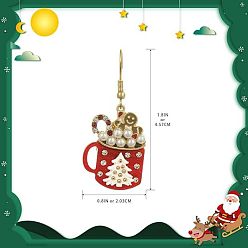 Золотой Болтаться серьги сплава эмали, со стразами и пластиковым жемчугом, пряничный человечек с чашкой, золотые, 45.7x20.3 мм