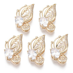 Прозрачный Стеклянные подвески, с латунными микро проложить кубических выводы циркония, граненые, бабочка, золотой свет, прозрачные, 23x12.5x5.5 мм, отверстие : 1.5 мм