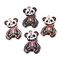 Skull Подвески из сплава хэллоуина с эмалью, золотые, Череп с подвесками в виде медвежьих ушей, 42.5x28.5x3.5 мм, отверстие : 3.5 мм