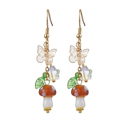 Коричневый 304 серьги-подвески в виде бабочек и грибов из нержавеющей стали для женщин, со стеклянными бусинами и прозрачными акриловыми подвесками, реальный 18 k позолоченный, коричневые, 52 мм