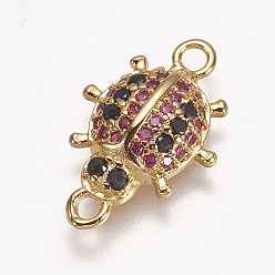 Golden Brass Micro Pave Cubic Zirconia Links, Ladybug, Colorful, Golden, 18x11.5x3.5mm, Hole: 1.5mm