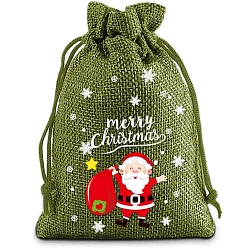 Светло-зеленый Коричневый Рождественские сумки на шнурке с принтом из мешковины, принадлежности для хранения конфет, прямоугольные, оливковый, 14x10 см