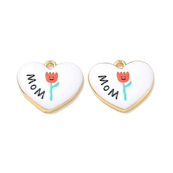 Cyan Printed Brass Pendants, Heart with Word MOM & Tulip Charms, Rack Plating, Long-Lasting Plated, Lead Free & Cadmium Free, Real 18K Gold Plated, Cyan, 17x20.5x3.5mm, Hole: 2mm