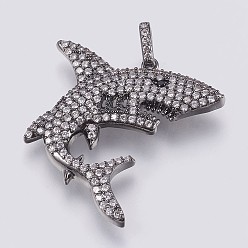 Gunmetal Brass Micro Pave Cubic Zirconia Pendants, Shark Shape, Clear, Gunmetal, 27x28x3mm, Hole: 3x5mm