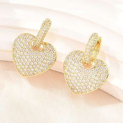 Настоящее золото 18K Серьги-кольца из латуни с микропаве и прозрачными кубическими циркониями., сердце, без свинца и без кадмия, долговечный, стойки покрытие, реальный 18 k позолоченный, 27x20 мм