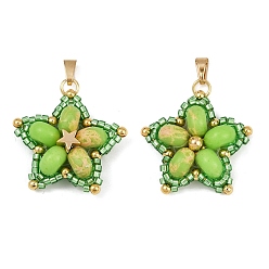 Лайм Подвески из стеклянного бисера ручной работы и синтетических окрашенных бусин императорской яшмы, звезда, желто-зеленые, 27x28.5x8.5 мм, отверстие : 6x2.5 мм