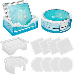 White 4Pcs 4 Style Rectangle & Flat Round Coaster & Storage Silicone Mold, Resin Casting Molds, for UV Resin, Epoxy Resin Craft Making, White, 119.8x86.8x40.8mm