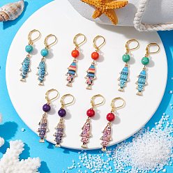 Mixed Color Alloy Fish Dangle Leverback Earrings, with Synthetic Turquoise Beads, Mixed Color, 58x10.5mm