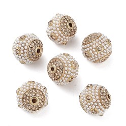 White Golden Plated Alloy Rhinestone Beads, with ABS Imitation Pearl, Round, White, 16x14mm, Hole: 1.8mm