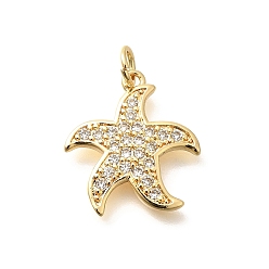 Настоящее золото 18K Латунные микропаве прозрачные подвески с фианитом, прелести морская звезда, с целью перехода в кольце, стойки покрытие, долговечный, без свинца и без кадмия, реальный 18 k позолоченный, 18.5x16.5x2 мм, отверстие : 3 мм