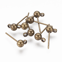 Antique Bronze Brass Ball Post Ear Studs, with Loop, Nickel Free, Antique Bronze Color, about 4mm wide, 15mm long, hole: about 1.5mm