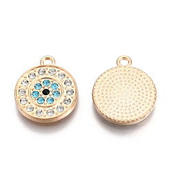 Aquamarine Rack Plating Alloy Pendants, with Rhinestone, Flat Round Charms, Light Gold, Cadmium Free & Nickel Free & Lead Free, Aquamarine, 18x15x2mm, Hole: 1.6mm