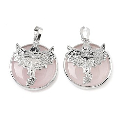 Розовый Кварц Плоские круглые подвески из натурального розового кварца, латунные драконьи драгоценные камни амулеты, платина, стойки покрытие, без кадмия и без свинца, 31.5x27x7.5~8.5 мм, отверстие : 8x5 мм