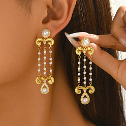 Golden Layered Tassel Brass Pave Cubic Zirconia Stud Earrings for Women, with Imitation Pearl, Golden, 78x5.5mm