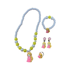 Разноцветный Симпатичные детские наборы украшений из пластикового сплава в виде единорога, ожерелье, браслет, кольцо-манжета и серьги-клипсы для девочек, красочный, 410~420 мм