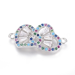 Platinum Brass Micro Pave Cubic Zirconia Links connectors, Long-Lasting Plated, Heart with Heart, For Valentine's Day, Colorful, Platinum, 22x11x4mm, Hole: 1.2mm