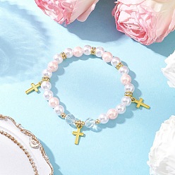 Pink Подвески из сплава с бусинами из искусственного жемчуга из АБС-пластика, разделительными бусинами из стекла и латуни класса А со стразами и браслетами из плоских эластичных кристаллов, розовые, внутренний диаметр: 9 дюйм (2-1/8 см)