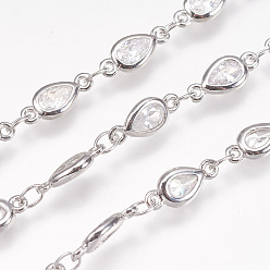 Platinum Cubic Zirconia Handmade Beaded Chains, Soldered, with Brass Findings, teardrop, Platinum, 10.5x4.5x2mm