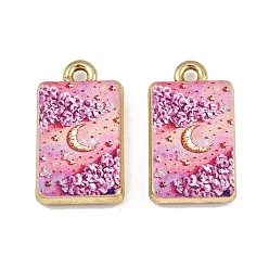 Pink Печатные подвески сплава, стойки покрытие, прямоугольник с лунными подвесками, без кадмия и без свинца, золотые, розовые, 20x11.5x4 мм, отверстие : 1.8 мм