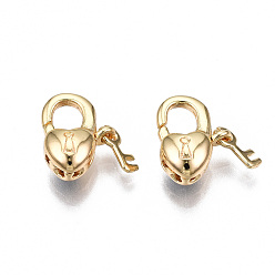 Real 18K Gold Plated Brass Lobster Claw Clasps, Nickel Free, Heart with Key, Real 18K Gold Plated, 10.5x8x4.5mm, Hole: 1mm
