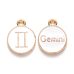 Gemini Alloy Enamel Pendants, Flat Round with Constellation, Light Gold, White, Gemini, 15x12x2mm, Hole: 1.5mm, 100pcs/Box