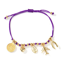 Фиолетовый Богемный стиль 304 браслеты из нержавеющей стали и латуни с подвесками, плетеные браслеты из хлопкового шнура для женщин, разнообразные, фиолетовые, 11.02 дюйм (28 см)