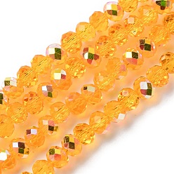Оранжевый Гальванизируйте прозрачное стекло бисер нитей, рондель, с покрытием AB цвета, с половиным покрытием, граненые, оранжевые, 4x3 мм, отверстие : 1 мм, около 145~148 шт / нитка, 17.83~18.31'' (45.3~46.5 см)