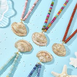 Mixed Stone Ocean Electroplated Natural Scallop Shell Pendant Natural Mixed Stone Rondelle Braided Bead Necklaces, Golden, Mixed Dyed and Undyed, Inner Diameter: 4.80~6.34 inch(12.2~16.1cm)