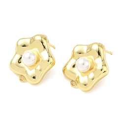 Настоящее золото 18K Фурнитура для сережек-гвоздиков из латуни и пластика с жемчугом, цветок, стойки покрытие, долговечный, без кадмия и без свинца, с петлей, реальный 18 k позолоченный, 20.5x18 мм, отверстие : 1.4 мм, штифты : 11x1 мм