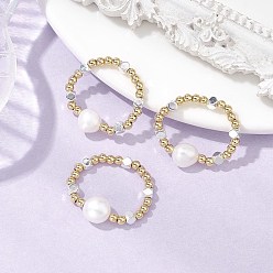 Золотой Латунные бусины и синтетические гематитовые бусины эластичные кольца для женщин, с натуральным пресноводным жемчугом, куб и круглый, золотые, 8 мм, внутренний диаметр: 18 мм