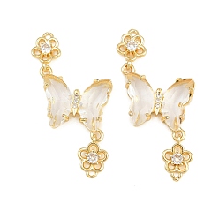 Clear Brass Micro Pave Cubic Zirconia Connector Charms, Butterfly with Flower Links, with Glass, Lead Free & Cadmium Free, Long-Lasting Plated, Rack Plating, Real 18K Gold Plated, Clear, 46x21x4mm, Hole: 1.4mm