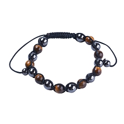 Tiger Eye Hematite Magnetic Therapy Braided Bead Bracelets, with Natural Tiger Eye Round Beads, 2 inch(50mm)