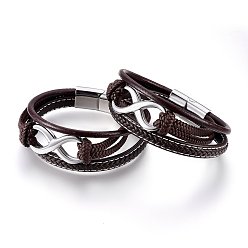 Stainless Steel Color Braided Leather Cord Multi-strand Bracelets, with 304 Stainless Steel Findings and Magnetic Clasps, Infinity, Coconut Brown, Stainless Steel Color, 8-5/8 inch(22cm), 12~25mm