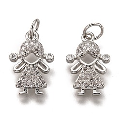 Платина Латунные микропаве прозрачные подвески с фианитом, без кадмия и без свинца, долговечный, девушка, платина, 16.5x10.5x3 мм, отверстие : 3 мм